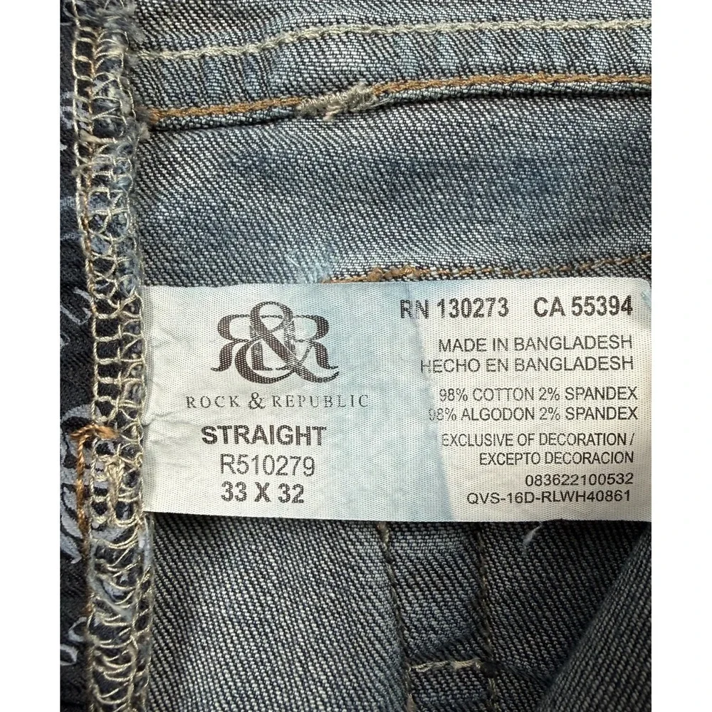 Rock & Republic Jeans Men's 33x32 Straight Stretch Blue Denim Embroidered